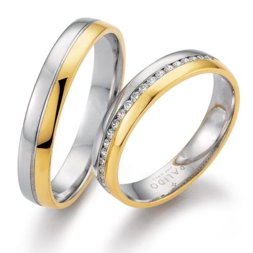 Bicolor Trauringe mit Diamanten in Kanalfassung